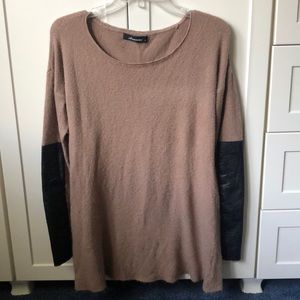 Tan tunic sweater with leather sleeve detail